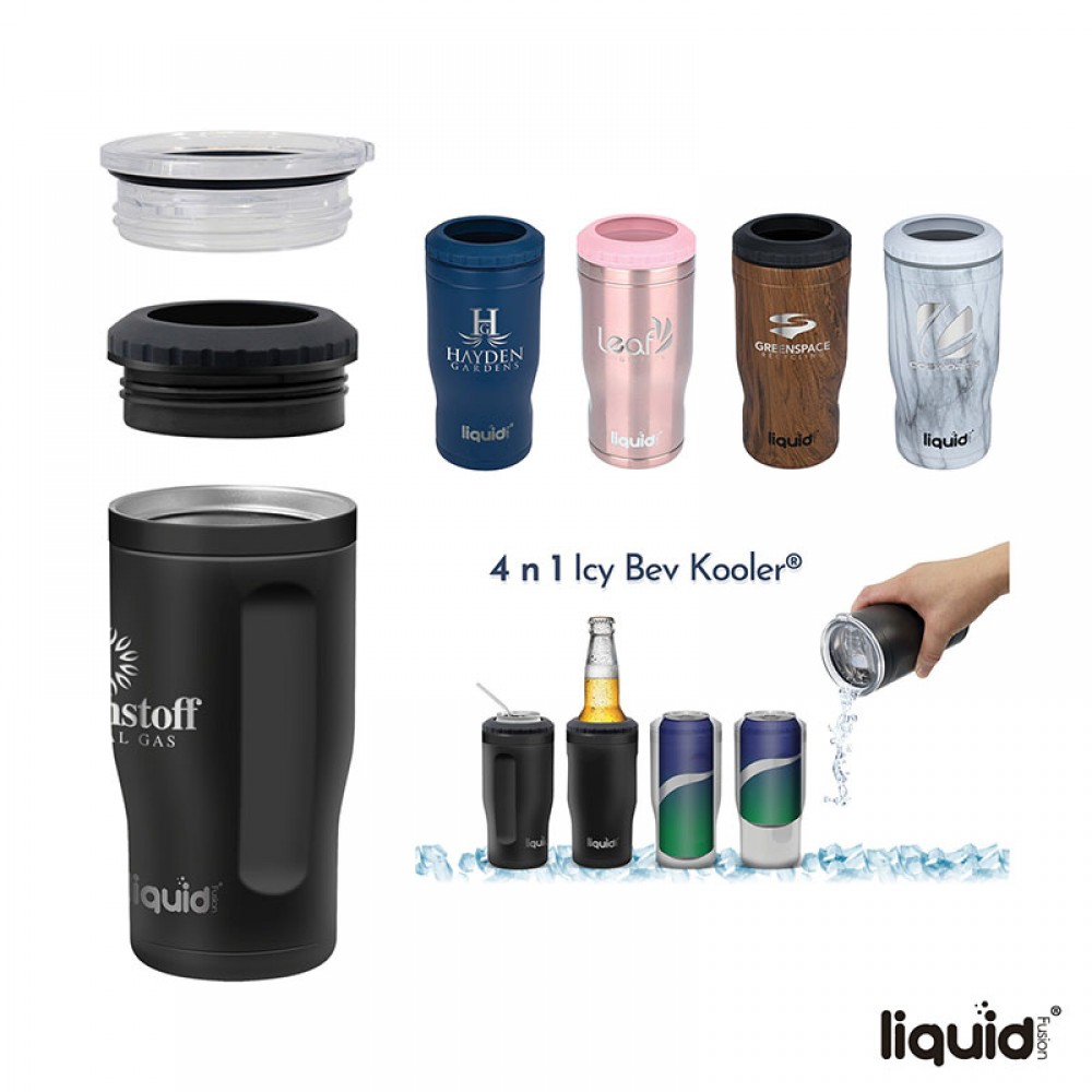 Liquid Fusion Icy Bev Kooler 4-In-1 Double Wall Stainless Steel Can Cooler / Tumbler with Logo