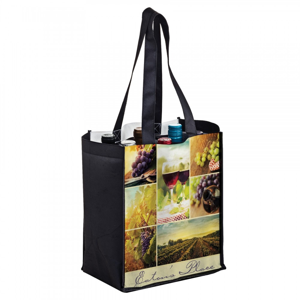 Custom Full Coverage PET Non-Woven Sublimated 6 Bottle Wine Tote Bag (10"x7"x12")