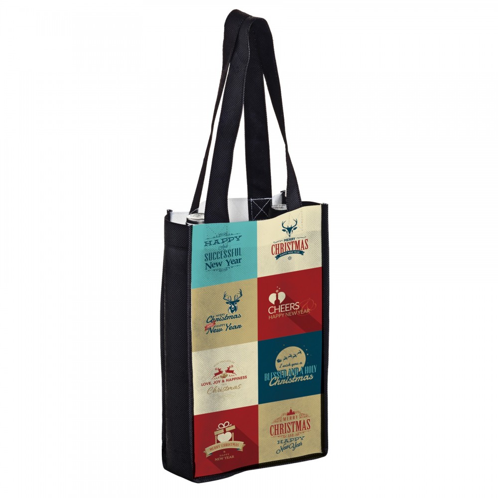 Customized Full Coverage PET Non-Woven Sublimated 2 Bottle Wine Tote Bag (7"x3 1/2"12")