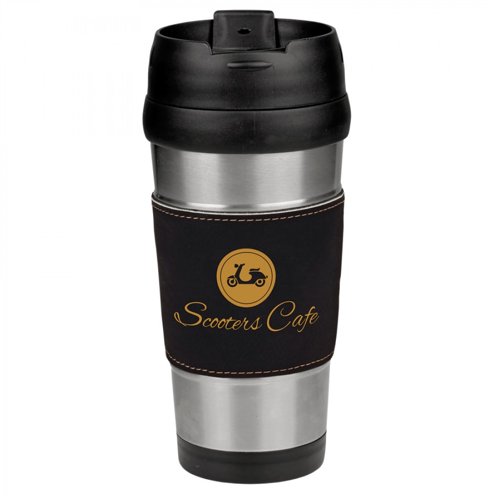 Logo Printed 3.375" x 7.5" - Premium Leatherette 16 oz Travel Mug - Laser Engraved Logo Printed 3.375" x 7.5" - Premium Leatherette 16 oz Travel Mug - Laser Engraved
