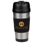 Logo Printed 3.375" x 7.5" - Premium Leatherette 16 oz Travel Mug - Laser Engraved