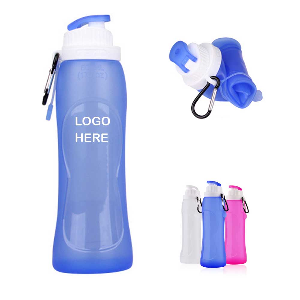 Logo Printed Folding Silicone Water Bottle With Carabiner