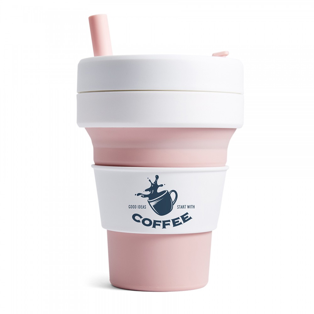 16 Oz. Stojo Biggie Cup w/White Sleeve (Rose) Logo Printed 16 Oz. Stojo Biggie Cup w/White Sleeve (Rose) Logo Printed