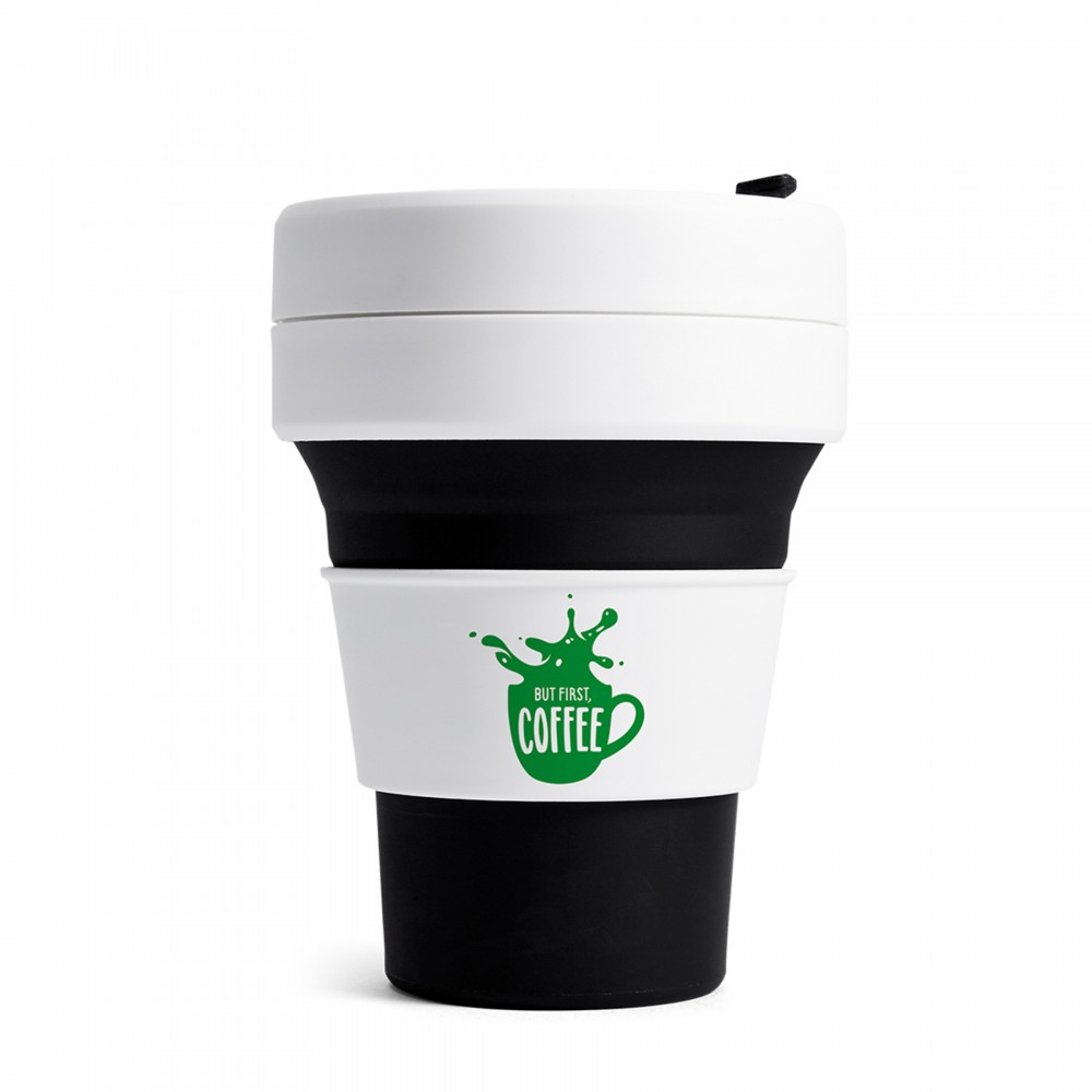 12 Oz. Stojo Pocket Cup w/White Sleeve (Black) Custom Imprinted 12 Oz. Stojo Pocket Cup w/White Sleeve (Black) Custom Imprinted