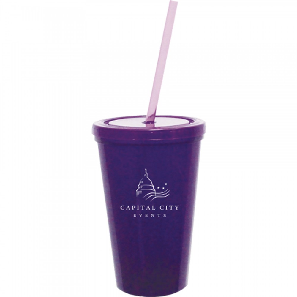 Custom Imprinted 16 Oz. Double Wall Tumbler w/Snap On Lid & Straw Custom Imprinted 16 Oz. Double Wall Tumbler w/Snap On Lid & Straw