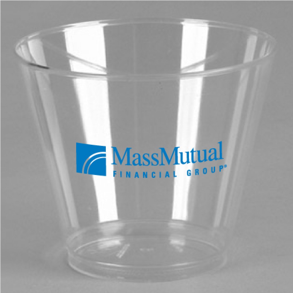 9 Oz. Crystal Clear Plastic Squat Cup with Logo