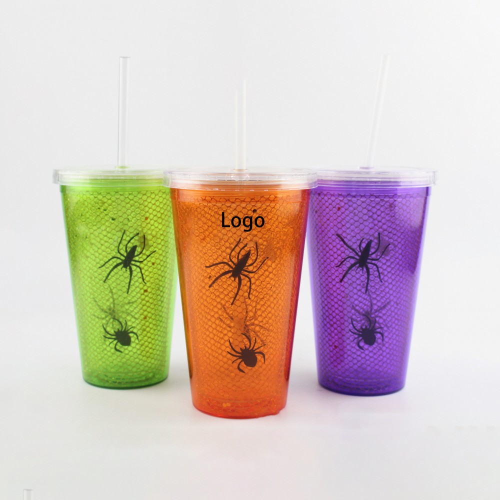 Spider Pattern Double Wall Tumbler with Lid and Straw with Logo