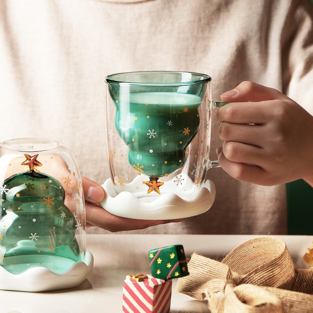 Customized Christmas Tree Double Wall Insulated Glasses Tea Cup