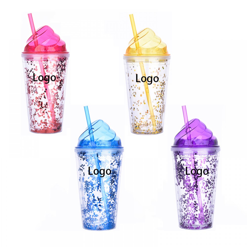 Promotional Ice Cream Double Wall Tumbler with Lid and Straw