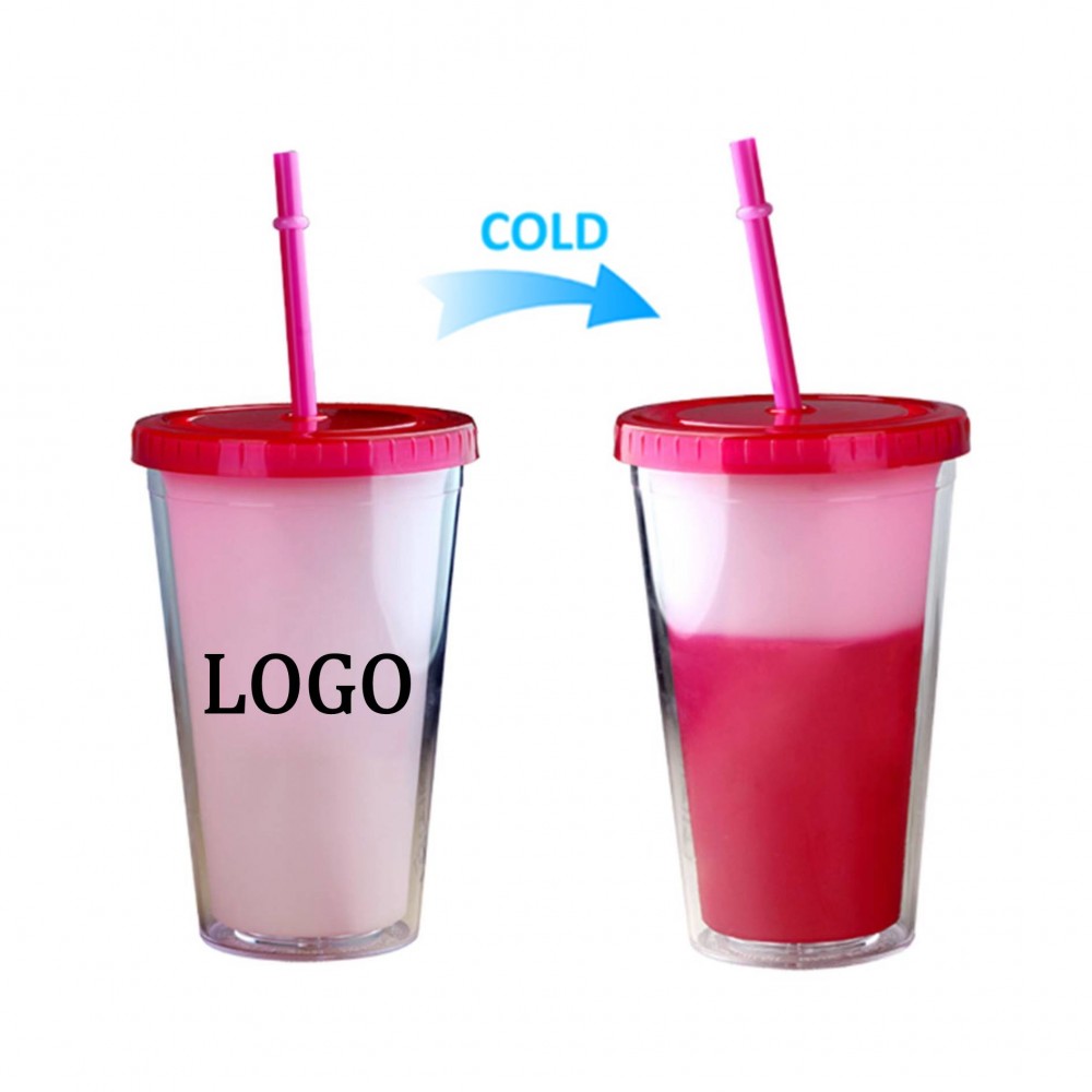 Logo Branded 14oz. Double Wall Color Changing Cup With Straw