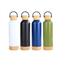 Vacuum Bottle with Bamboo Lid and Base with Logo