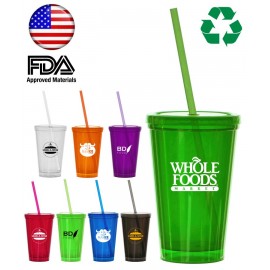 Custom 16 Oz. Double Wall Tumbler Travel Cup w/Straw - USA Made