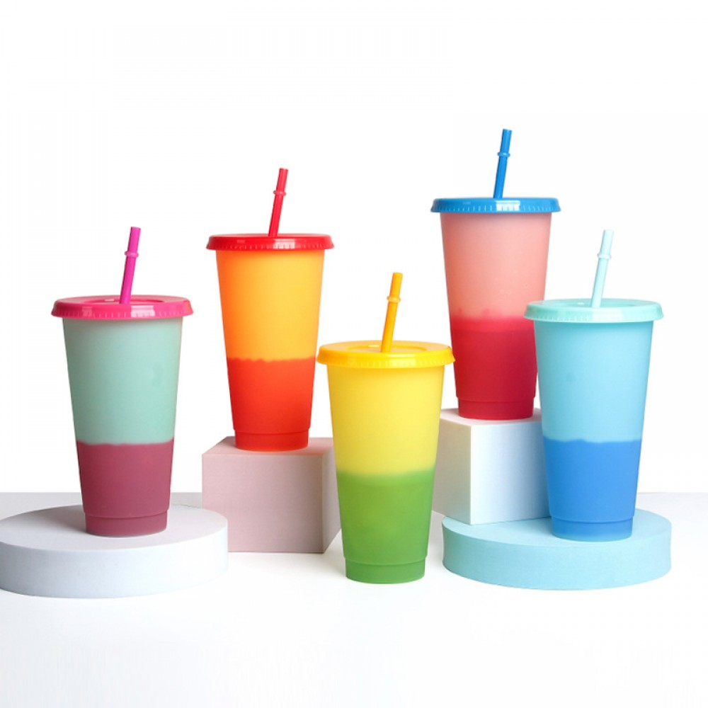 Color Changing Tumblers- Color Changing Cups Cold Drink Cups with Lids and Straws- 5 Pcs Reusable Color Changing Cold Drink Cups- 24 oz Summer Coffee