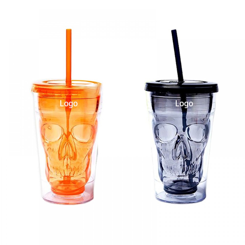 Double Wall Skull Shape Tumbler with Lid and Straw with Logo