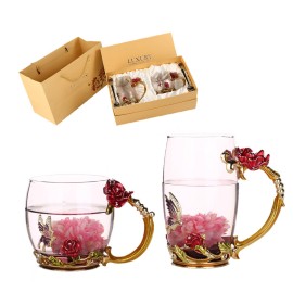 Customized Creative Red Rose Enamel Glass Tea Cup Crystal Gift Pack