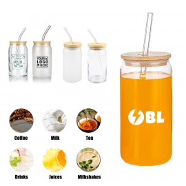 16oz Wide Mouth Drinking Glasses w Bamboo Lids & Straws with Logo  16oz Wide Mouth Drinking Glasses w Bamboo Lids & Straws with Logo