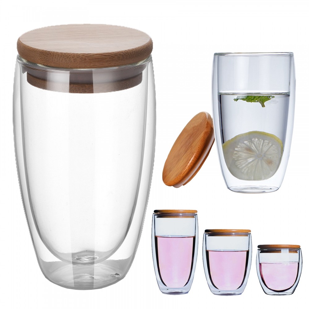 Double-wall Borosilicate Glass Cup With Bamboo Lid Custom Printed Double-wall Borosilicate Glass Cup With Bamboo Lid Custom Printed