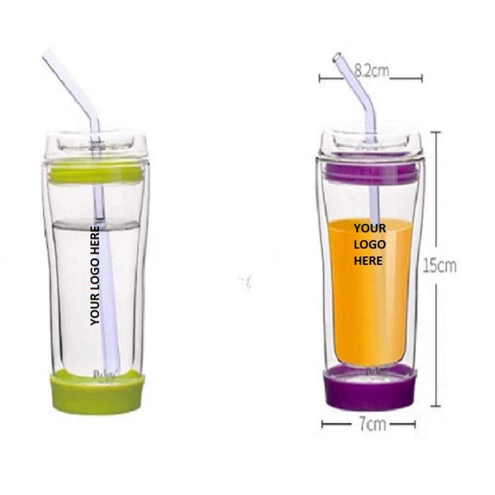 Double Wall Glass Juice Cup w/ Glass Lid & Straw 10 oz with Logo