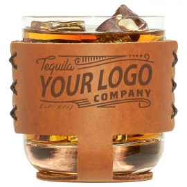 Genuine Leather Wrapped Rocks Sleeve & Glass with Logo  Genuine Leather Wrapped Rocks Sleeve & Glass with Logo