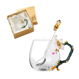 Customized Creative Gift Box Enamel Apricot Blossom Glass Tea Cup  Customized Creative Gift Box Enamel Apricot Blossom Glass Tea Cup