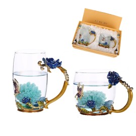 Logo Branded Enamel Blue Rose Crystal Glass Tea Cup Gift Box
