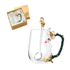European Style Enamel Apricot Blossom Glass Cup Gift Pack with Logo  European Style Enamel Apricot Blossom Glass Cup Gift Pack with Logo