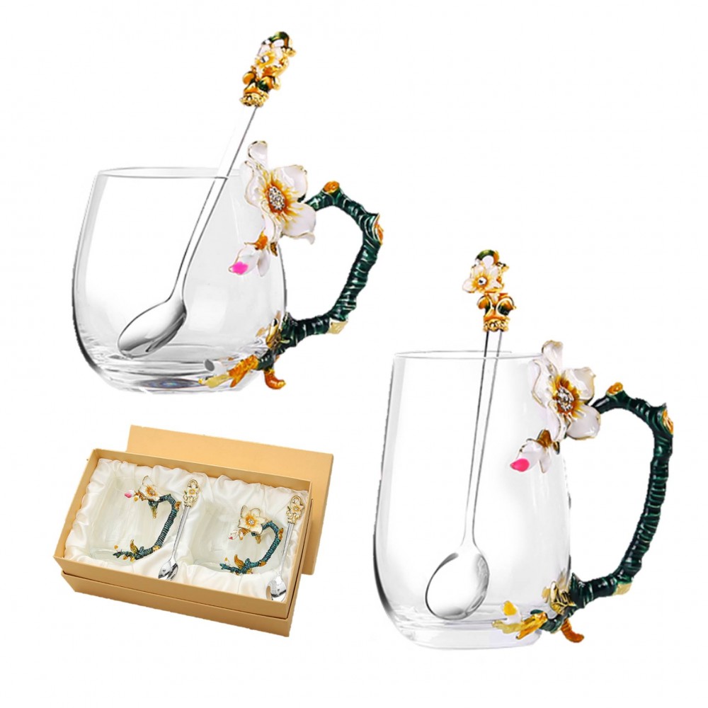 Logo Branded Enamel Apricot Blossom Decoration Glass Tea Cup Gift Box