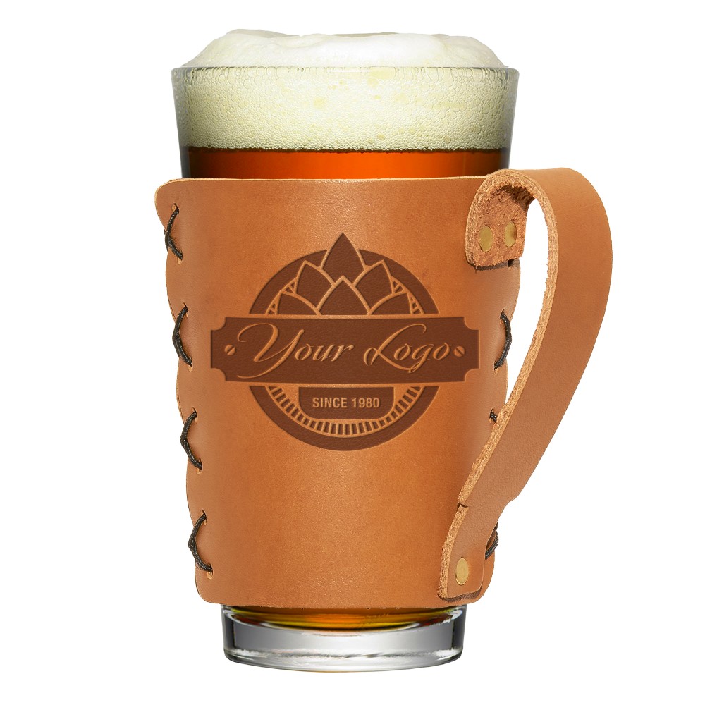 Logo Branded Genuine Leather Pint Sleeve w/Handle Logo Branded Genuine Leather Pint Sleeve w/Handle