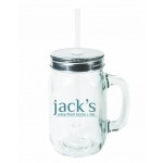15 Ounce Handled Mason Jar with Silver Lid and Clear Straw with Logo