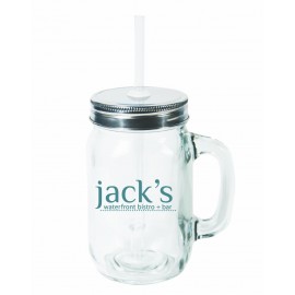 15 Ounce Handled Mason Jar with Silver Lid and Clear Straw with Logo  15 Ounce Handled Mason Jar with Silver Lid and Clear Straw with Logo