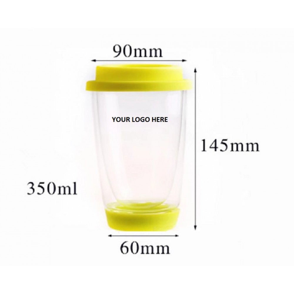 Double Wall Glass Cup w Colorful Silicone Lid 12 oz with Logo Double Wall Glass Cup w Colorful Silicone Lid 12 oz with Logo