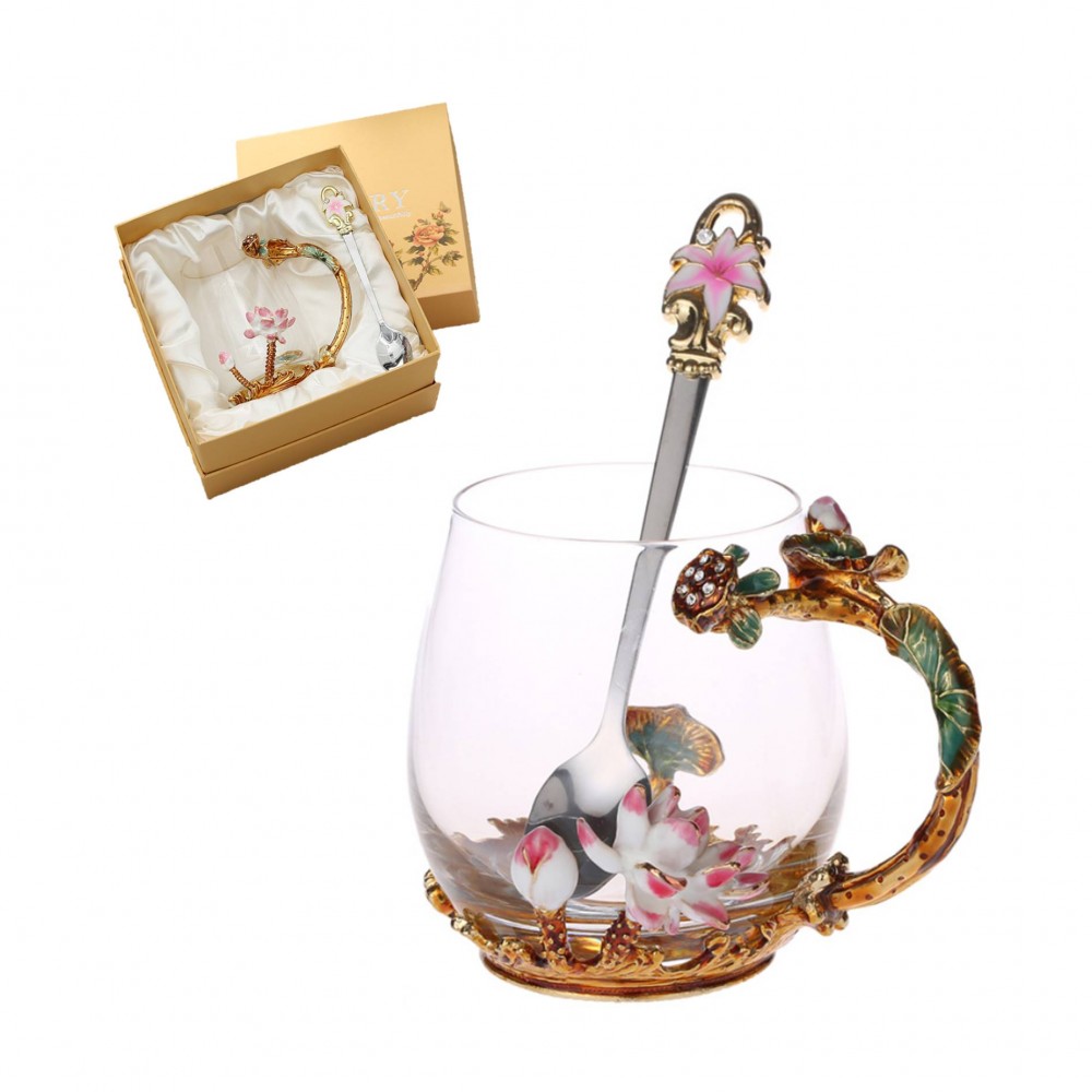 Personalized European Style Enamel Lotus Glass Cup Gift Box