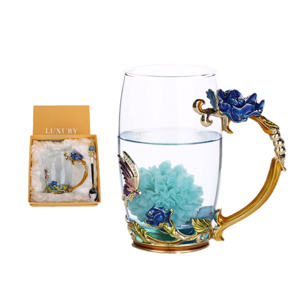 Promotional Creative Enamel Rose Decoration Heat-Resistant Glass Tea Cup