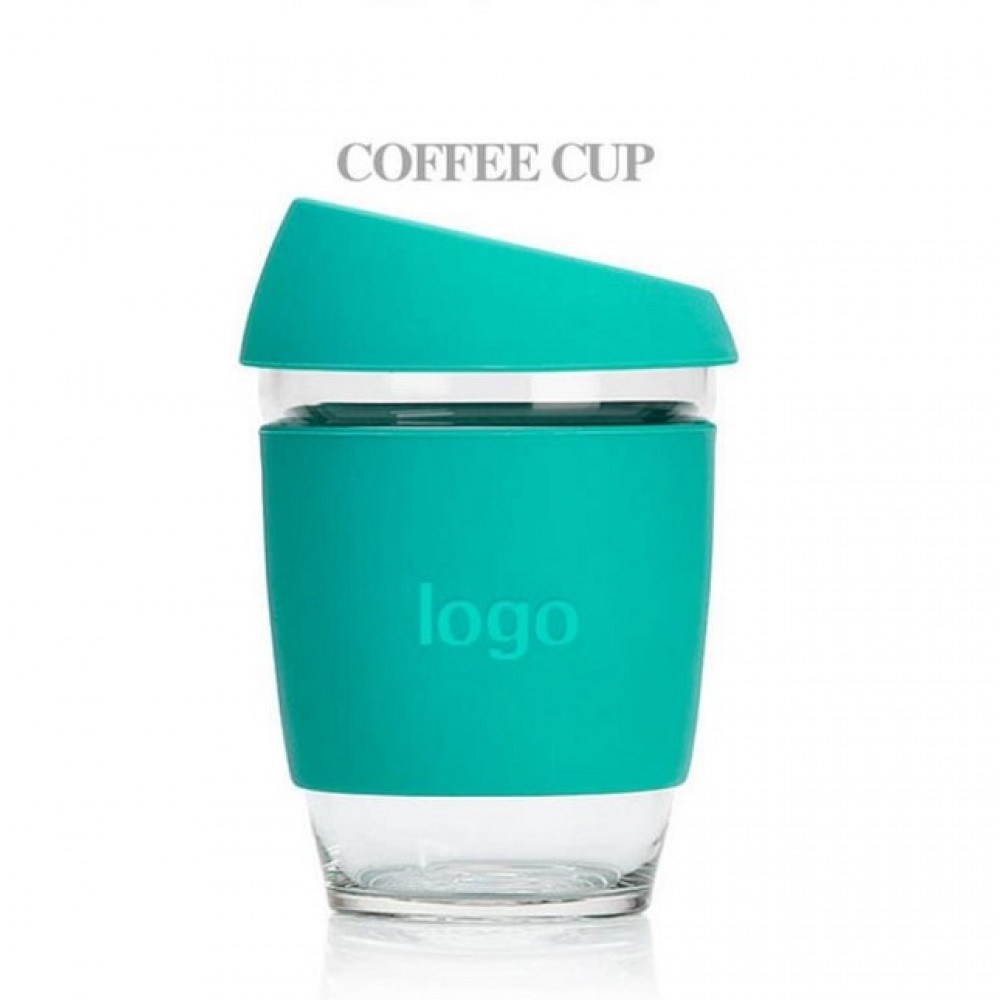 Glass Coffee Mug with Silicone Sleeve & Lid 12 oz with Logo