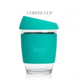 Glass Coffee Mug with Silicone Sleeve & Lid 12 oz with Logo