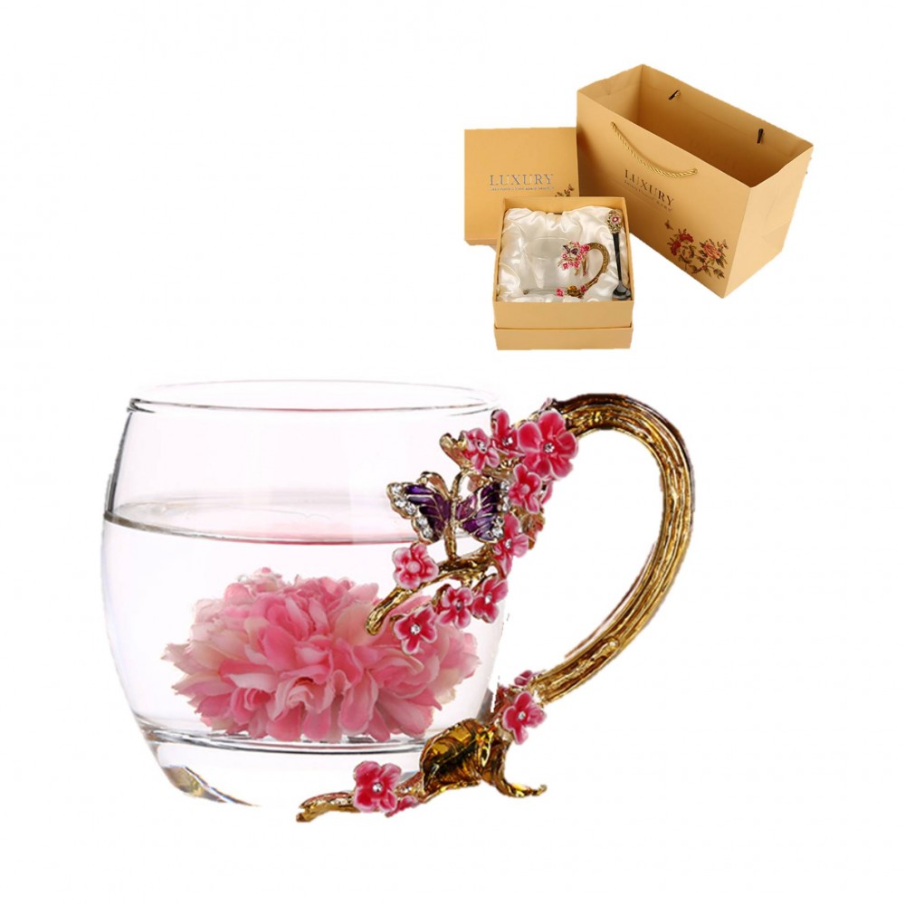 Enamel Plum Heat-Resistant Glass Tea Cup Gift Box with Logo