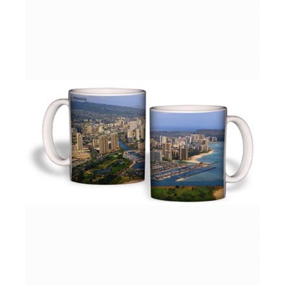White Mug (15 Oz., Honolulu Skyline Mug Sublimated) with Logo