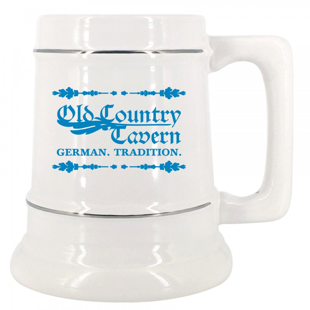 Logo Branded 28 oz. White Ceramic Stein Mug w/Platinum Bands Logo Branded 28 oz. White Ceramic Stein Mug w/Platinum Bands