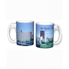White Mug (15 Oz., Des Moines Skyline Mug Sublimated) with Logo