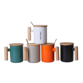 13 Oz Wooden Handle Ceramic Coffee Mug with Logo