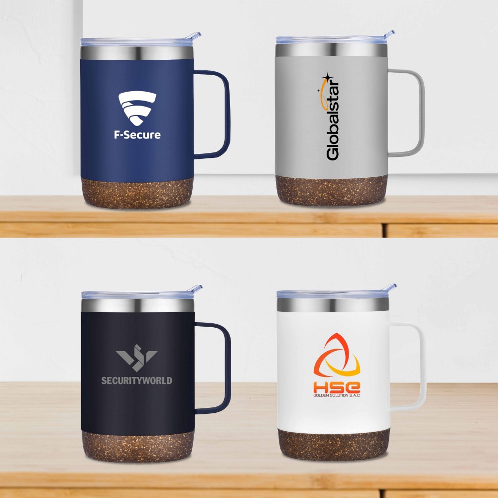 COOSA - 12 OZ VACUUM SEALED MUG WITH CORK BOTTOM. Vacuum Sealed Mug, 18/8 Stainless Steel with Logo