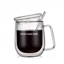 Double Wall Glass Coffee Mug w/Glass Lid & Spoon 10 Oz. with Logo