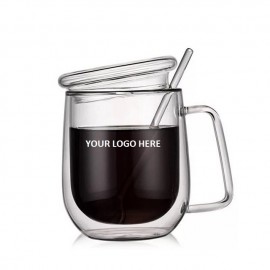 Logo Branded Double Wall Glass Coffee Mug w/Glass Lid & Spoon 10 Oz.  Logo Branded Double Wall Glass Coffee Mug w/Glass Lid & Spoon 10 Oz.