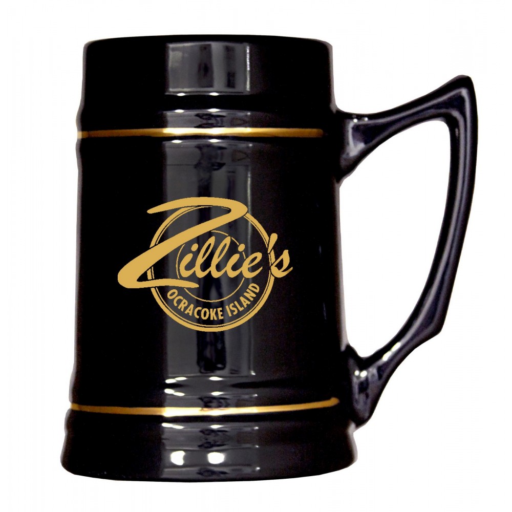 23 Ounce Black and Natural Stein Mugs with Gold Bands with Logo