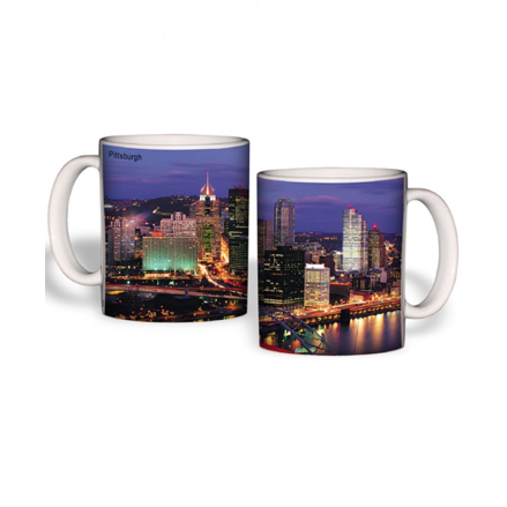 White Mug (15 Oz., Pittsburgh Skyline Mug Sublimated) with Logo