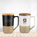 CALEDON  15 OZ TEA AND COFFEE CERAMIC MUG WITH WOOD LID. 15 oz capacity ceramic mug with Logo