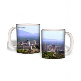 White Mug (15 Oz., Salt Lake City Skyline Mug Sublimated) with Logo