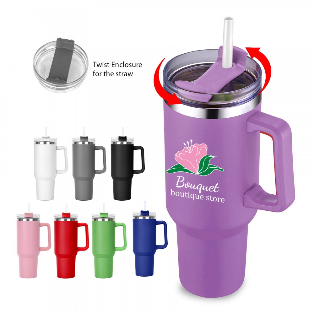 Promotional 40 OZ. S/S Travel Handle Mug w/ Twist Closure Straw Lid Promotional 40 OZ. S/S Travel Handle Mug w/ Twist Closure Straw Lid