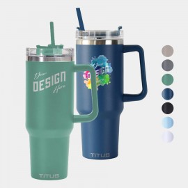 Custom Premium 40 oz TiTUS Double Wall Stainless Steel Insulated Travel Mug with Straw & Handle