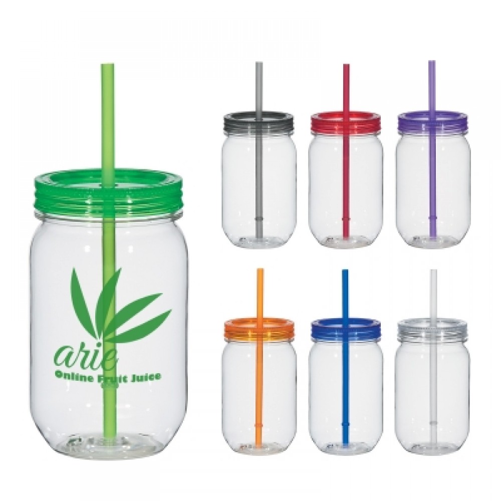 Logo Printed 16oz. Plastic Mason Jar with Straw Logo Printed 16oz. Plastic Mason Jar with Straw